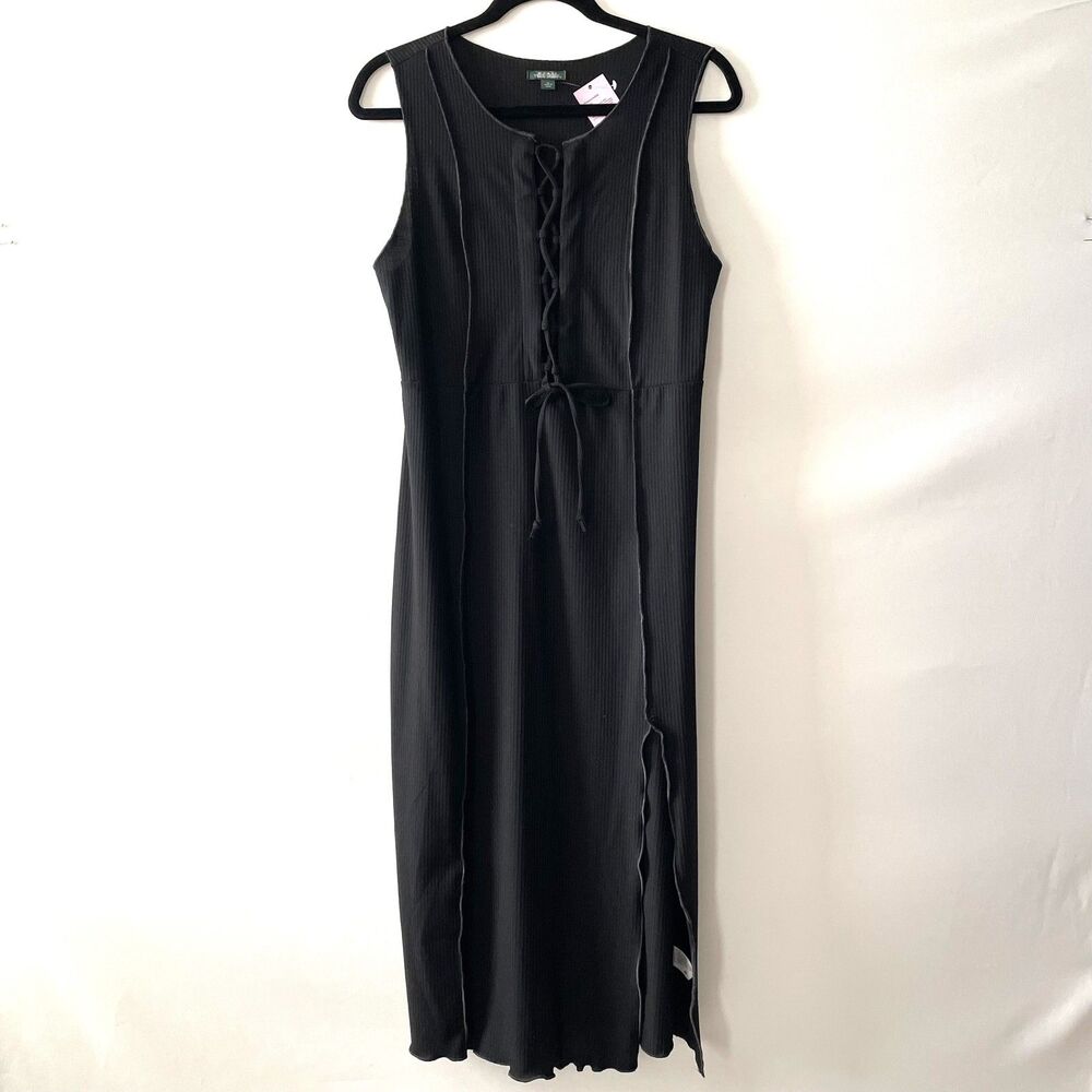 Wild Fable Ribbed Sleeveless Lace Up Side Slit Midi Dress Black Size XL-mpv